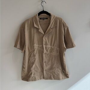 Rustic Souls Tan Button-Up Shirt with Unique Design Size Meidum